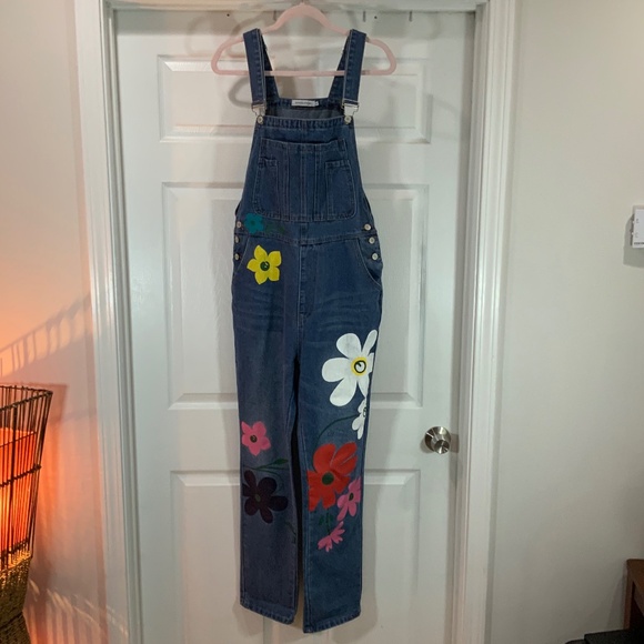 Miss Look Painted Flowers Denim Boho Overalls Size Medium - Picture 2 of 14